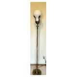 Vintage Brass Floor Lamp with Ornate Base and Frosted Glass Shade