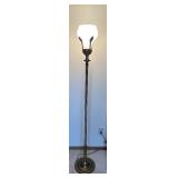 Vintage Brass Floor Lamp with Ornate Base and Frosted Glass Shade