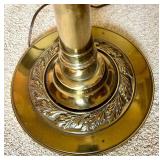 Vintage Brass Floor Lamp with Ornate Base and Frosted Glass Shade