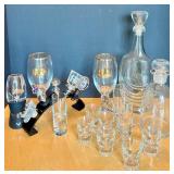 Barware Set with Decanters, Glasses, Stella Artois Goblets, and Novelty Stoppers