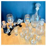Barware Set with Decanters, Glasses, Stella Artois Goblets, and Novelty Stoppers