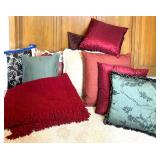 Assorted Decorative Throw Pillows and Red Knit Blanket Set