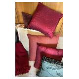 Assorted Decorative Throw Pillows and Red Knit Blanket Set