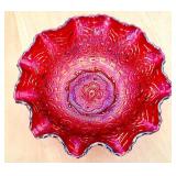 Fenton Red Carnival Glass Bowl with Ruffled Edge