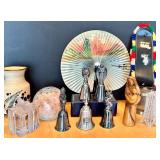 Decorative Collectibles Lot with Silver Bells, Pottery, Crystal, and Figurines