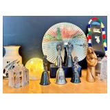 Decorative Collectibles Lot with Silver Bells, Pottery, Crystal, and Figurines