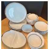 Sango Fine China Set with Silver Trim - Plates, Bowls, and Divided Platter