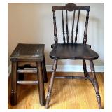 Wooden Spindle-Back Side Chair and Rustic Wood Stool Set
