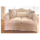 Daytons Upholstered Loveseat with Neutral Patterned Accent Pillows #1