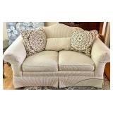 Daytons Upholstered Loveseat with Neutral Patterned Accent Pillows #2