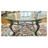Oval Glass Top Coffee Table with Metal Scrollwork Base