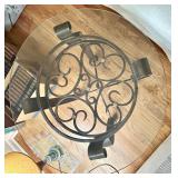Round Glass Top Side Table with Wrought Iron Base