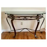 Glass Top Metal Console Table with Decorative Scrollwork