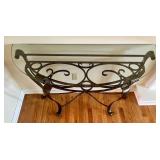 Glass Top Metal Console Table with Decorative Scrollwork