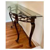 Glass Top Metal Console Table with Decorative Scrollwork