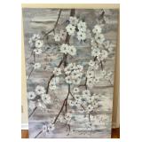 Large Floral Wall Art on Canvas with White Blossoms Signed by NAN