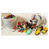 Large Collection of Diecast Toy Cars and Trucks with Storage Buckets