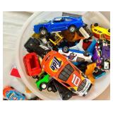 Large Collection of Diecast Toy Cars and Trucks with Storage Buckets
