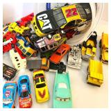 Large Collection of Diecast Toy Cars and Trucks with Storage Buckets