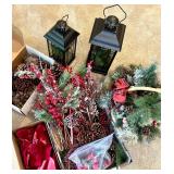 Holiday Decor Collection with Lanterns, Pinecones, Faux Greens, and Bows