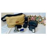 Vintage Camera Bag with Polaroid Spectra SE, Lenses, Flashes, and Photo Frame Collection