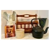 Eclectic Decor Group with Vintage Kettle, Planter Chalice, Stoneware Crock, Eagle Statue, Bamboo Fountain, and Wood Magazine Rack