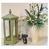 Decorative Home Decor Set with Large Floral Vase, Lantern, and Metal Candle Holder