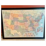 Framed United States Wall Map with Color-Coded States