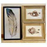 Framed Feather Print and Set of 2 Framed Shell Art Prints
