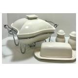 Godinger 1 Qt Covered Porcelain Baker with Warmer, Salt & Pepper Shakers, and Pfaltzgraff Butter Dish Set