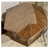Vintage Hexagonal Wood End Table with Glass Top
