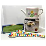 Kitchen Serveware Set with Tulip Ceramic Watering Can, 4 Colorful Serving Plates, Iced Dip Bowl, and Salad Servers