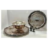 Vintage Silverplated Serving Set with 2 Trays, Punch Bowl, and Salt and Pepper Shakers