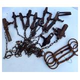 Collection of Vintage Steel Animal Traps and Chains