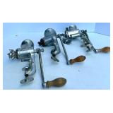 Set of 3 Universal Vintage Cast Iron Meat Grinders with Wooden Handles