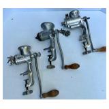 Set of 3 Universal Vintage Cast Iron Meat Grinders with Wooden Handles