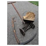 Antique Seymour No. 40 Manual Reel Lawn Mower with Grass Catcher and Scythe
