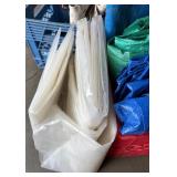 Lot of Blue and Green Tarps, Canvas Drop Cloths, Plastic Sheeting and Large Carrier Bag