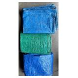 Lot of Blue and Green Tarps, Canvas Drop Cloths, Plastic Sheeting and Large Carrier Bag
