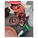 Collection of Assorted Garden Buckets, Planters, and Lawn Tools