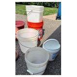 Collection of Assorted Garden Buckets, Planters, and Lawn Tools