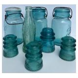 Collection of Vintage Ball Mason Jars, Hemingray Glass Insulators, and Coca-Cola Bottle