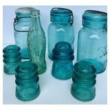 Collection of Vintage Ball Mason Jars, Hemingray Glass Insulators, and Coca-Cola Bottle