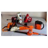 Lot of Lawn Power Tools Including Chainsaw, Hedge Trimmer, and Blower
