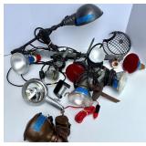 Assorted Shop Clamp Lamps, Work Lights, Drop Lights, Cords, and Reel