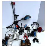 Assorted Shop Clamp Lamps, Work Lights, Drop Lights, Cords, and Reel