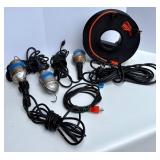 Assorted Shop Clamp Lamps, Work Lights, Drop Lights, Cords, and Reel