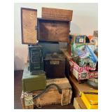 Workshop and Storage Lot with Vintage Wood Crates, Toolboxes, Hand Tools, and Accessories