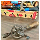 Workshop and Storage Lot with Vintage Wood Crates, Toolboxes, Hand Tools, and Accessories