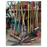 Assorted Yard and Garden Tools Lot Including Rakes, Shovels, Brooms, and More